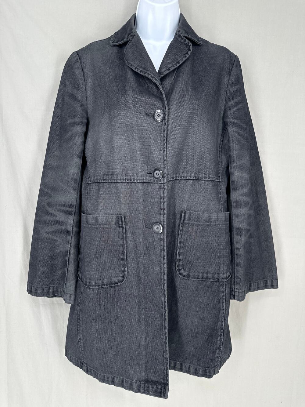 90s Vintage Jacket Womens Small Black Canvas Trench Car Coat Button Grunge Y2K